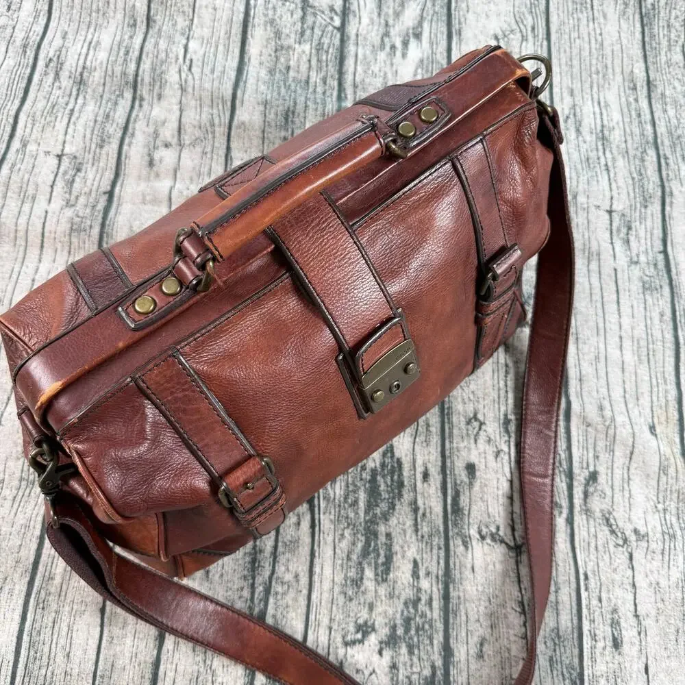 Fossil Cognac Leather Doctor Bag Gladstone Satchel Brown Vintage